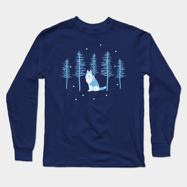 Siberian Husky in Snowy Forest Long Sleeve T-Shirt by LulululuPainting